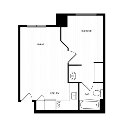 Floor plan for 1 bed, 1 bath, 477 sqft